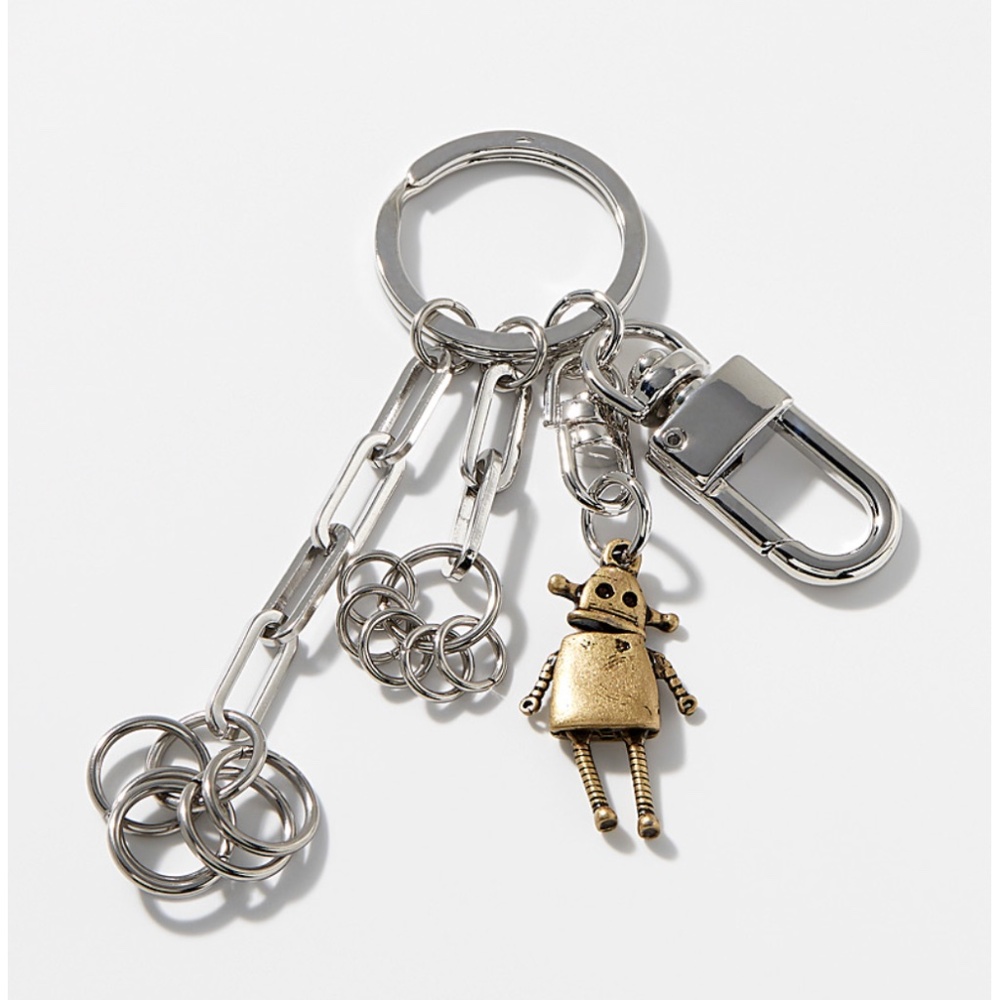 Unisex silver and gold stainless steel robot maximalist key ring bag charm NWT